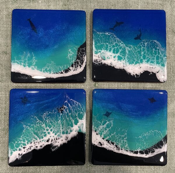 Ocean Waves Coaster Set Of 4, 4" Square With Non Slip Base