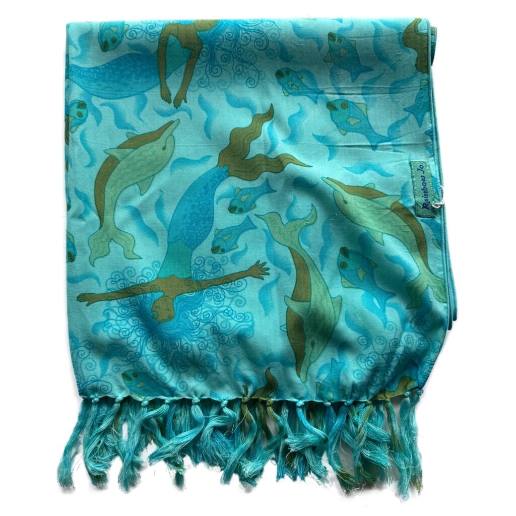 Gold blue curly hair mermaid dolphins sarong hawaiian pareo