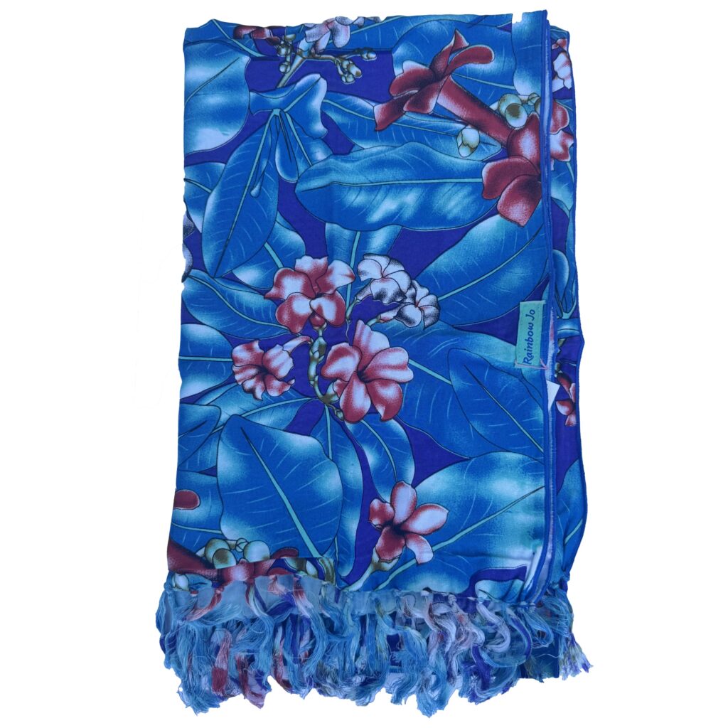 Pink and White Floral on Blue Leaves Sarong Hawaiian Pareo